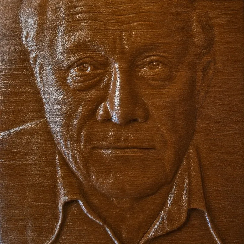 The same portrait rendered as a wood-finish Tazbear relief